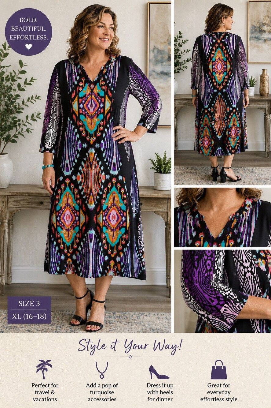 Chico’s Size 3 Ikat Tribal Print Midi Dress 3/4 Sleeve Stretch Boho Artsy - Picture 3 of 8